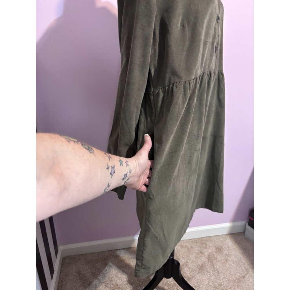 Nine West Empire Waist Olive Green Corduroy Babydoll Shirt Dress - Picture 4 of 14